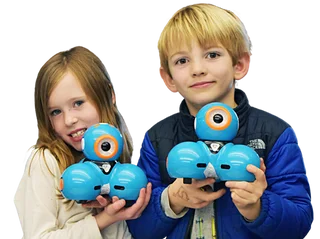 A girl and a boy holding a robot