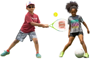 Boy playing tennis and girl playing soccer