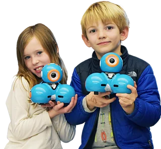 girl and boy holding round robots
