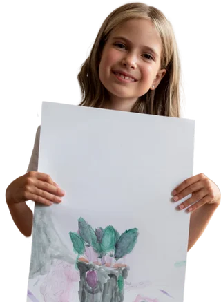 a girl showing a piece of paper with a drawing