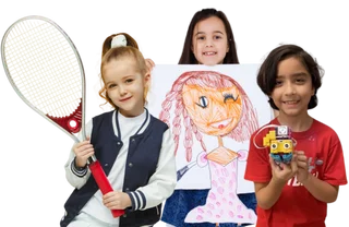 Girl holding racket, boy holding a drawing and a boy holding a robot