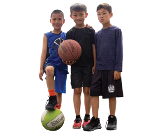 Girl with tennis racket, boy doing origami and kids with basketball and volleyball balls ready to play