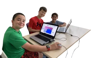 Kids showing art, origami and using laptop for coding